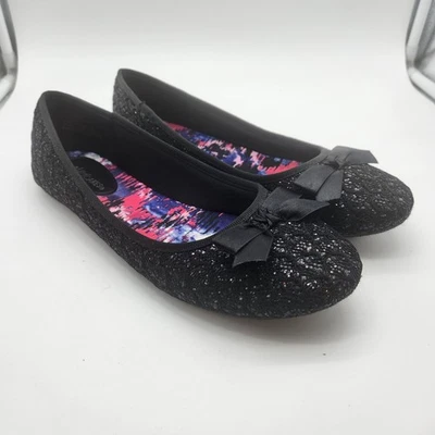 Hot cakes 10M 10 Black Glitter Ballet Shoes W Bows Flats - Image 1 of 4