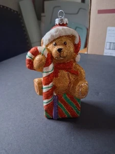 Christopher Radko Vintage Teddybär mit Zuckerstange Glas Weihnachtsschmuck 6 Zoll  - Bild 1 von 6