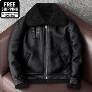 Mens Raf B3 Real Leather Aviator Jacket Flying Bomber SheepSkin Pilot Coat Black - Picture 1 of 5