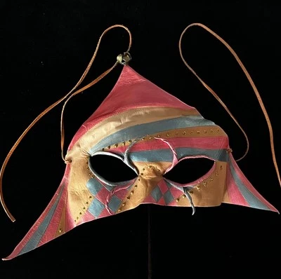 Vintage 1987 Signed Handmade Leather Masquerade Jester Mardi Gras Mask - Image 1 of 4
