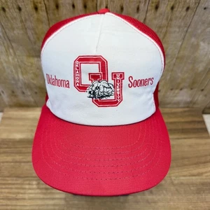 80s Oklahoma Sooners Mesh Trucker Hat OU Wagon Snapback Cap Red White Young An - Bild 1 von 13