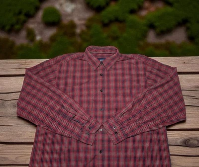 BASIC EDITIONS Easy Care Button Up Shirt Long Sleeve Burgundy PLAID Men's Large - Image 1 of 4