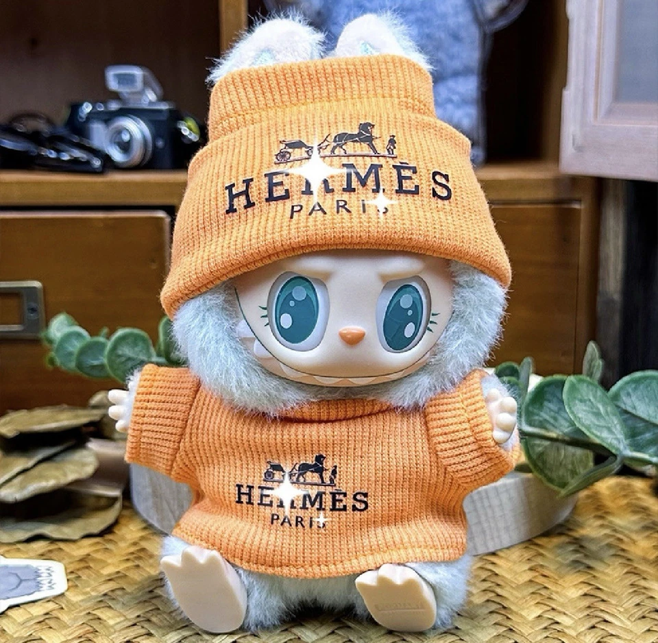 Für 17 cm Labubu Puppe Hermes Kleidung High Fashion Marken orange Top und Band