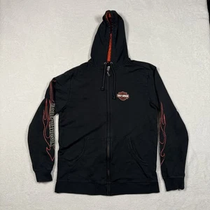 Harley-Davidson Hoodie Mens Large Black Orange Flame Bar & Shield Full Zip Biker - Picture 1 of 12