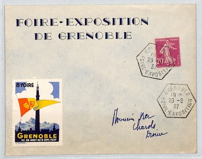 FRANCE EXHIBITION Cover *Grenoble Trade Fair* 1937 FLAG LABEL {samwells}YZ323 - Image 1 of 4
