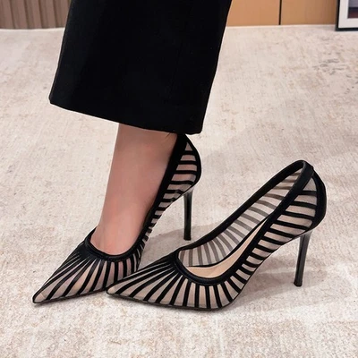 Женские сетчатые заостренные носки в полоску с высокими туфлями на шпильке на высоком каблуке офисные женские туфли-лодочки OL - Изображение 1 из 4