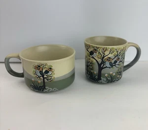 Vintage Otagiri Tasse & Chili Becher handbemalt Steinzeug Eulen im Baum 2er Set - Bild 1 von 15