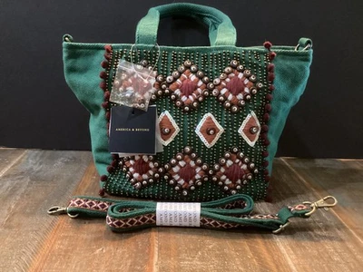 Nuevo America and Beyond Bolso de Mano Monedero Algodón Verde Bordado con Cuentas Foto 1 de 4