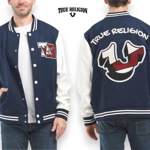 New True Religion Buddha Two Tone Blue Varsity Letterman Jacket Men's Size XL - Picture 1 of 11