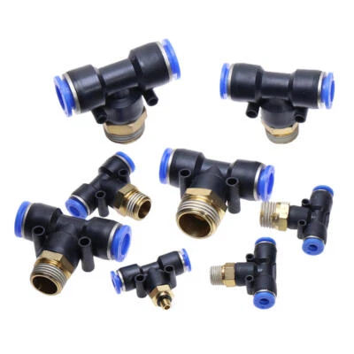 Pneumatic Tee T piece male Stud to hose tube inline push fit connector air line