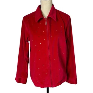 Quacker Factory Jacket WomensMedium Red Velvet Rhinestones Bling Granny - Picture 1 of 11