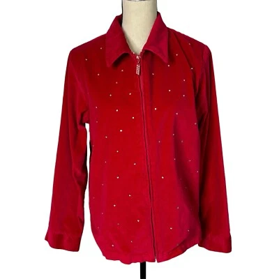 Quacker Factory Jacket WomensMedium Red Velvet Rhinestones Bling  Granny - Image 1 of 4