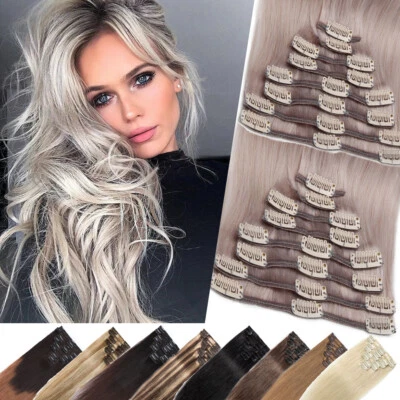 25CM-60CM Clip in Extensions Remy Echthaar DICK Haarverlängerung 8 Teilig Set DE - Bild 1 von 4