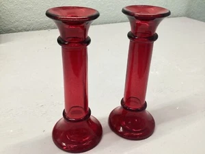Vintage Indiana Glass Ruby Red 7” Candlestick Bud Vase - Set of Two - New - Picture 1 of 2