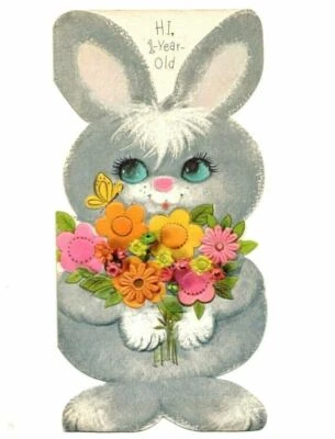 1st Happy Birthday VTG Girls Boys Greeting Card Sweet Bunny W/Flowers Unused  - Image 1 of 3