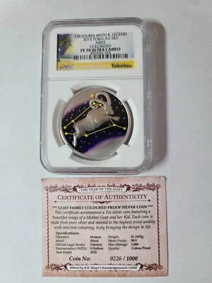 Moneda Tokelau 2015 $5 Creatures Myth & Legend Aries 1 oz color plata NGC PF70 Foto 1 de 4