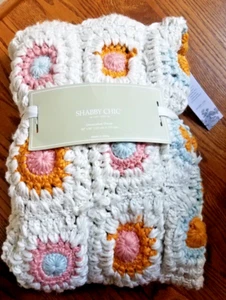 Shabby Chic Hand Crochet Granny Square Decorative Throw Afghan White Pastels NEW - Picture 1 of 11