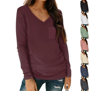 Womens Tops Long Sleeve Shirts Casual Basic V Neck Oversized Tee Loose Outfits - Picture 1 of 15