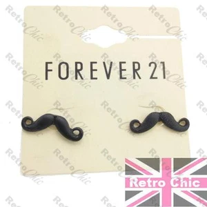 CUTE TEXTURED MOUSTACHE STUD EARRINGS black KITSCH emo RETRO FOREVER 21 studs - Picture 1 of 2