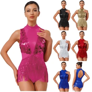 Womens Dress Cutout Bodysuit Sleeveless Dancewear Leotard Dance Sequin Latin - Picture 1 of 83