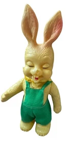 Vtg 50s 60s Plastic Yellow Bunny Green Overalls Bunny Rabbit Scarf Easter Decor - Picture 1 of 8