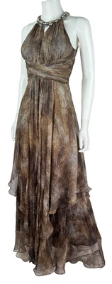 Teri Jon 2 US 38 IT XS 100% Silk Brown Print Halter Gown Cocktail Dress Runway - Image 1 of 4