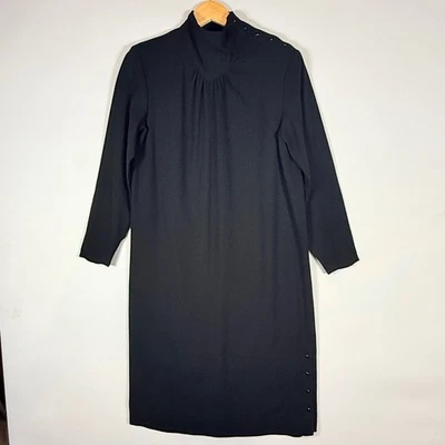Vintage Oleg Cassini Medium Black Dress Buttons Mock Neck 3/4 Sleeve Classic - Image 1 of 4