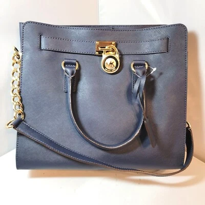Bolsa tote Michael Kors Hamilton azul marinho grande couro genuíno MSRP $358 nova com etiquetas charme - Imagem 1 de 4