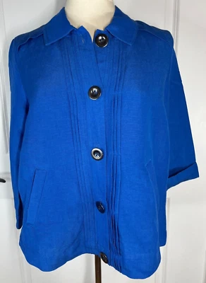 Christopher& Banks, Small,  Large Button Pleated Blue Pockets Linen Jacket - Image 1 of 4