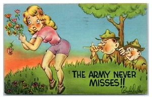 WWII Humor Army Never Misses Pretty Girl artist signed Postcard - Picture 1 of 2