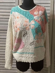 Vintage Needless & Yarn Floral Pearl Bead Knit Granny Lace Sweater Top size M - Bild 1 von 7