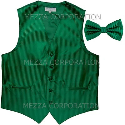 New Men's Tuxedo Vest Waistcoat Vertical Stripes Bowtie prom party Emerald Green - Image 1 of 3