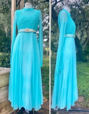 Vintage 70s Aqua Blue Chiffon Overlay Party Dress Gown Long Sleeve SZ 4/6 - Image 1 of 4
