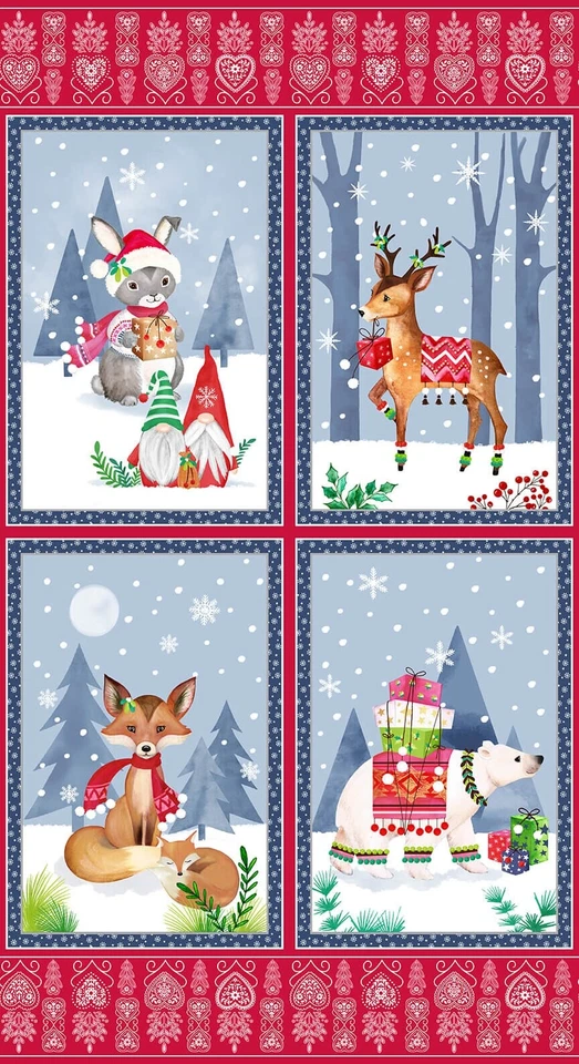 23" Fabric Panel - Blank Nordic Forest Christmas Winter Animal Block Red - Image 1 of 1
