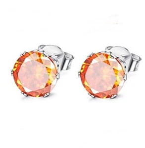 3/4/5/6/8mm Citrine CZ Stud Earrings, November Birthstone Orange Stainless Steel - Picture 1 of 8