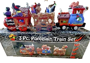 Halloween Harvest Pumpkin Express Spooky 3pc Porcelain Train Set Vintage - Picture 1 of 14