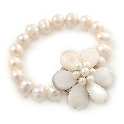 OFF WHITE Bracciale Flessibile Perla Acqua Dolce Bianca 12 mm Off con Madreperla Centrale
