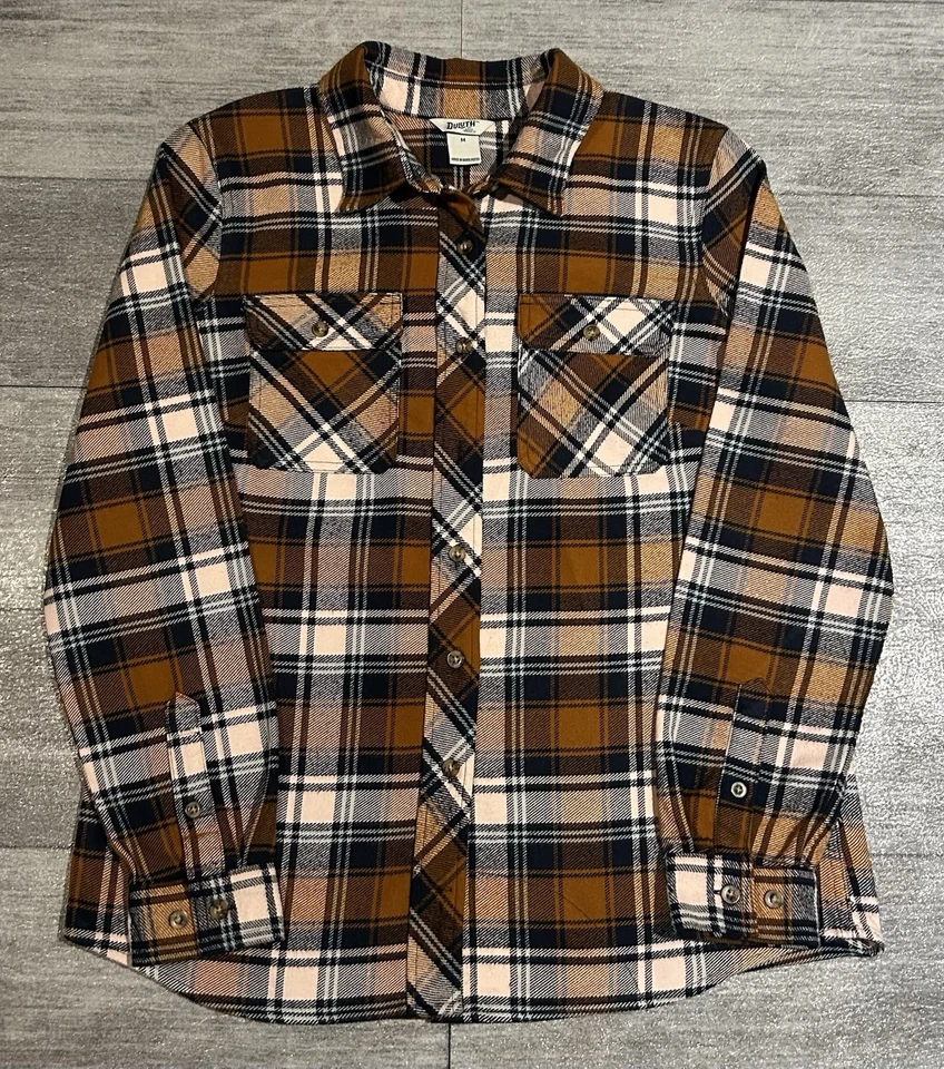 NOVO! Camisa feminina de flanela folclore Duluth M laranja queimado/rosa/azul marinho xadrez - Imagem 1 de 4