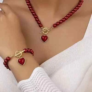 2pcs/Set RED Heart Charm Faux Pearl Beaded Necklace & Beaded Bracelet women BOX - Picture 1 of 3