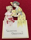 Valentine Card Young Girls Valentine Greetings Die Cut Flat Panel Fold Out 