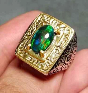 Black Fire Opal Ring, 14k Yellow Gold Ring, Men Engagement Ring, Natural Black O - Picture 1 of 3