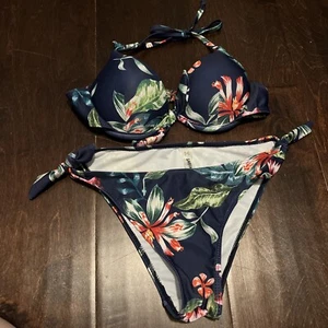 Shein Blue Floral Halter Bikini 2 Piece Swimsuit Padded Underwire Size Small - Picture 1 of 5