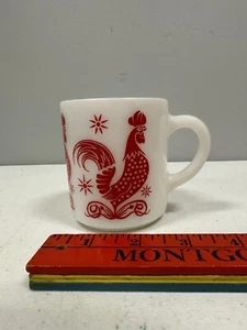 Hazel Atlas Platonite Milk Glass Red Rooster Chicken Mug Coffee Cup Vintage - Picture 1 of 7