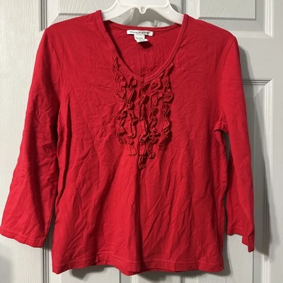 Camisa de mujer Deane & White roja con volantes manga larga talla mediana algodón/spandex Foto 1 de 4