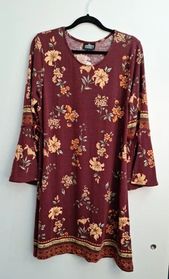 Angie Long Sleeved Knit Dress Bell Sleeves Burgundy Floral Size L NWT - Image 1 of 4