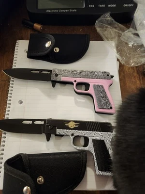 8"  Pink & Grey Assisted Spring Gun Pistols Tactical Folding Pocket Knife W/hols - Image 1 of 4