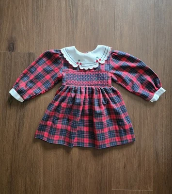 Vintage Lord & Taylor 2T Christmas Cherry Dress Red & Green Plaid Long Sleeve - Image 1 of 4