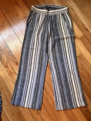 Indigo Rein Womens S Linen Blend Pants Wide Crop Leg W/Slits Blue Striped Beach - Image 1 of 4