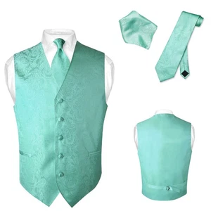 Men's Dress VEST NeckTie for Suit AQUA GREEN Color PAISLEY Design Tie Hanky XS - Picture 1 of 3