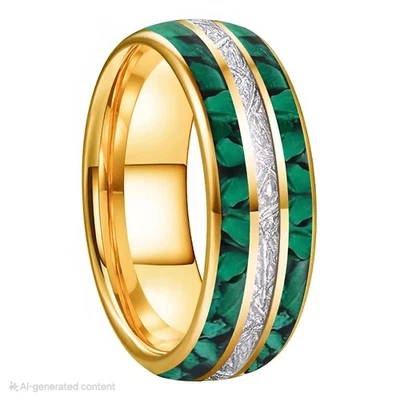 8MM Men Women Tungsten Carbide Ring Band Bright Meteorite and Malachite Inlay - Image 1 of 4